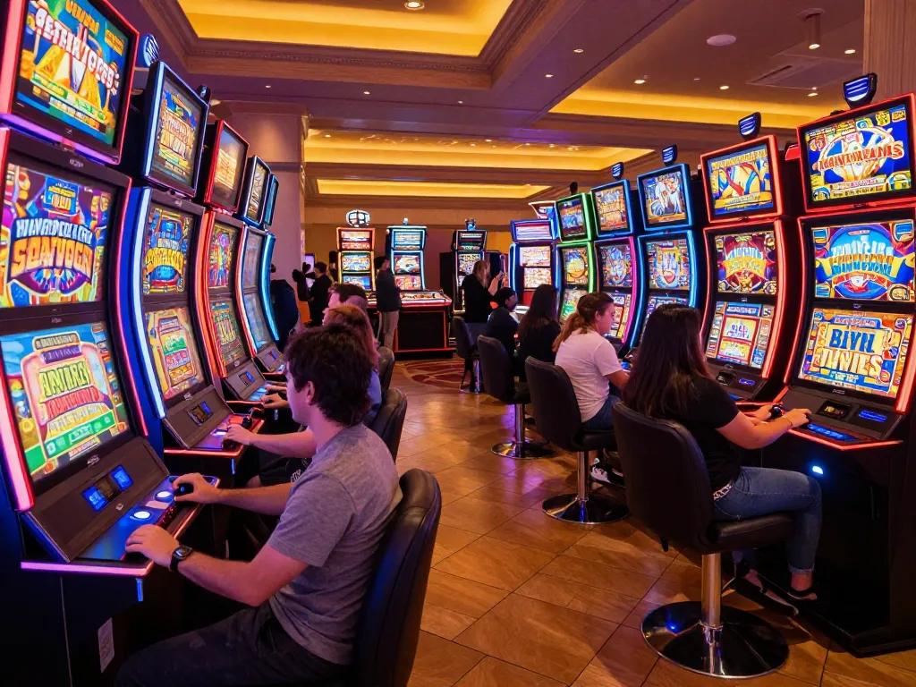 Engaging players consistently win at colorful SLOT machines in Las Vegas casino.