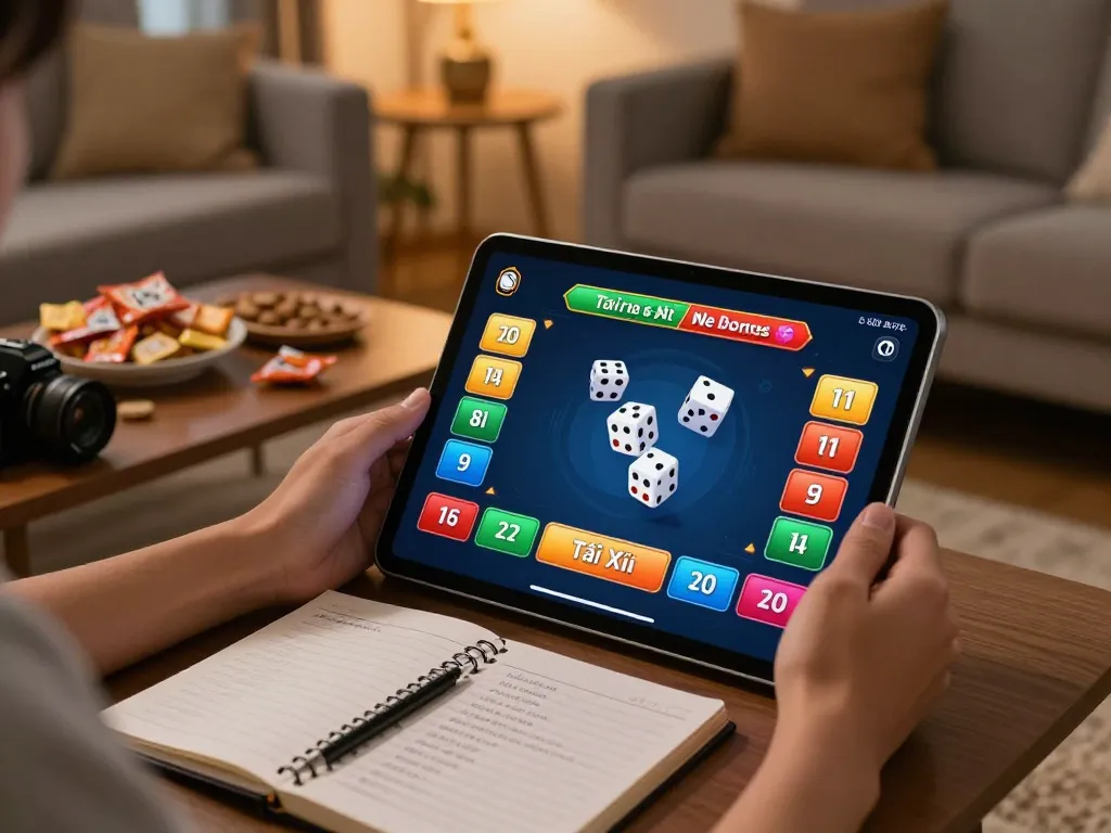 Tài xỉu online uy tín game action on tablet, showcasing exciting betting options in a cozy home setup.