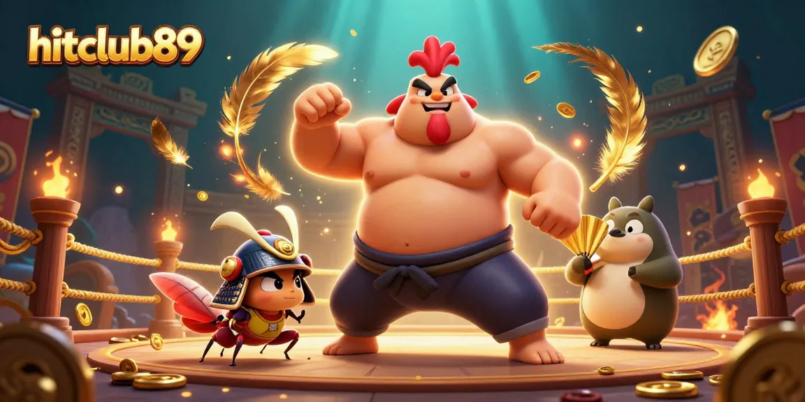 Experience thrilling gameplay at hitclub89 with dynamic casino action featuring a sumo wrestler rooster and samurai cricket.