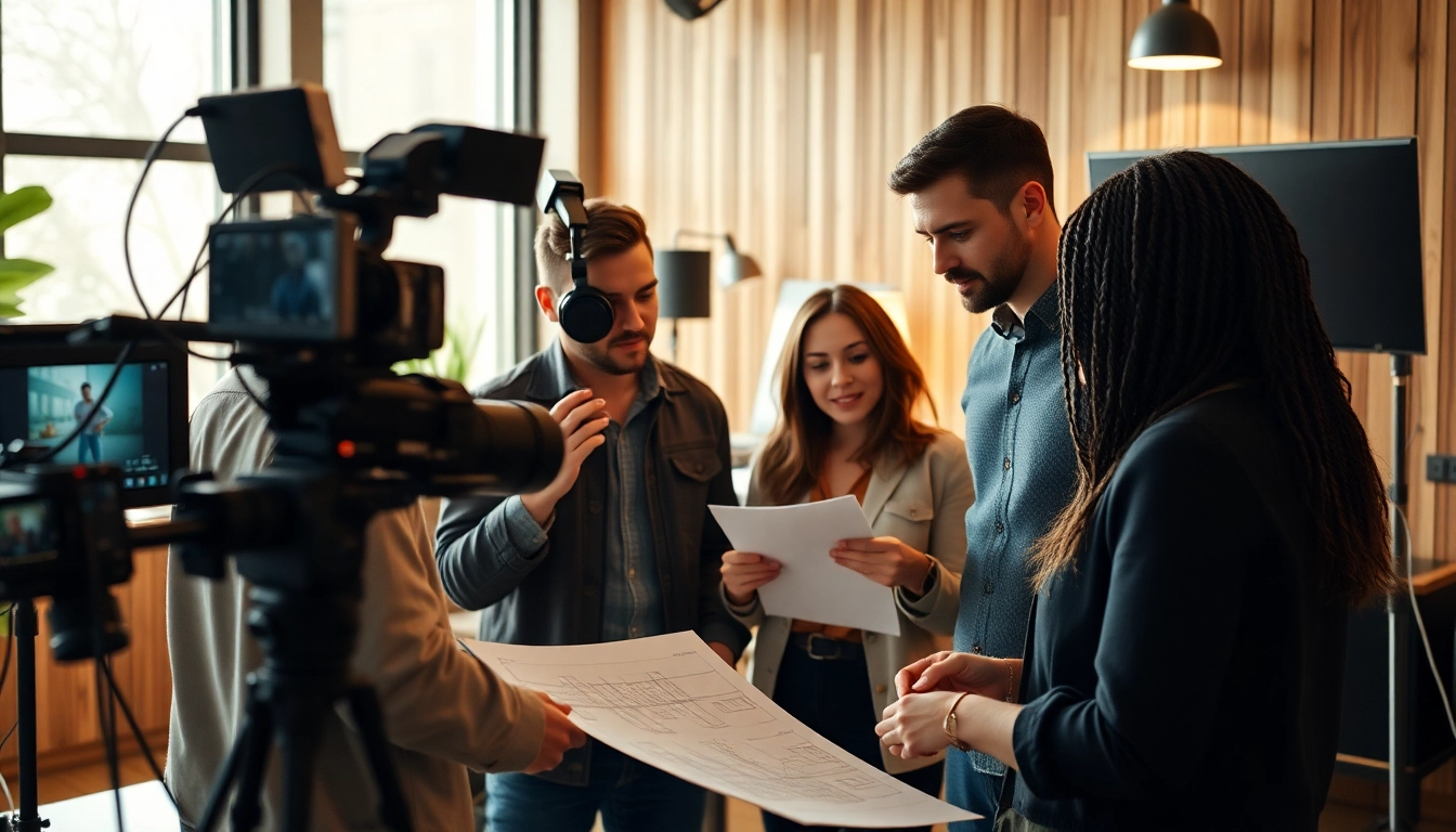 Showcasing a Creative Video Production Agency team collaborating in a modern studio environment.