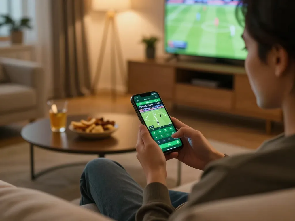 CàkhịaTV user placing bets on a smartphone in a cozy home setting