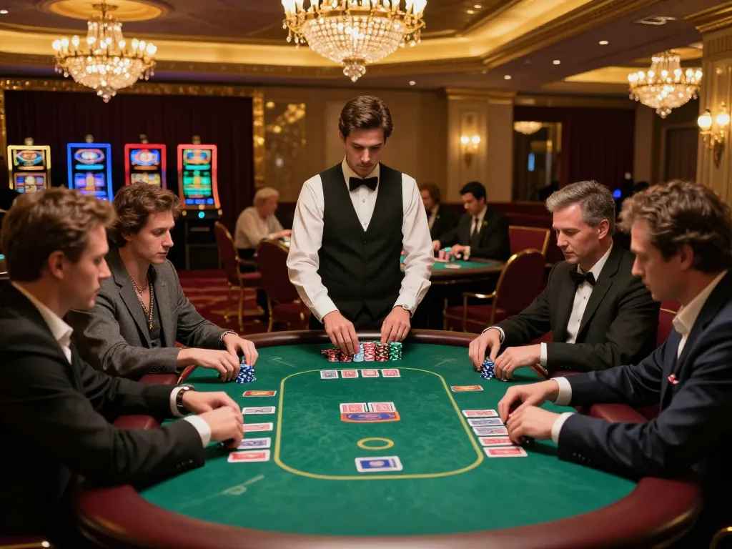 Engaged players at luxury casino poker table strategizing their bets with a focus on Nhà cái MB88.