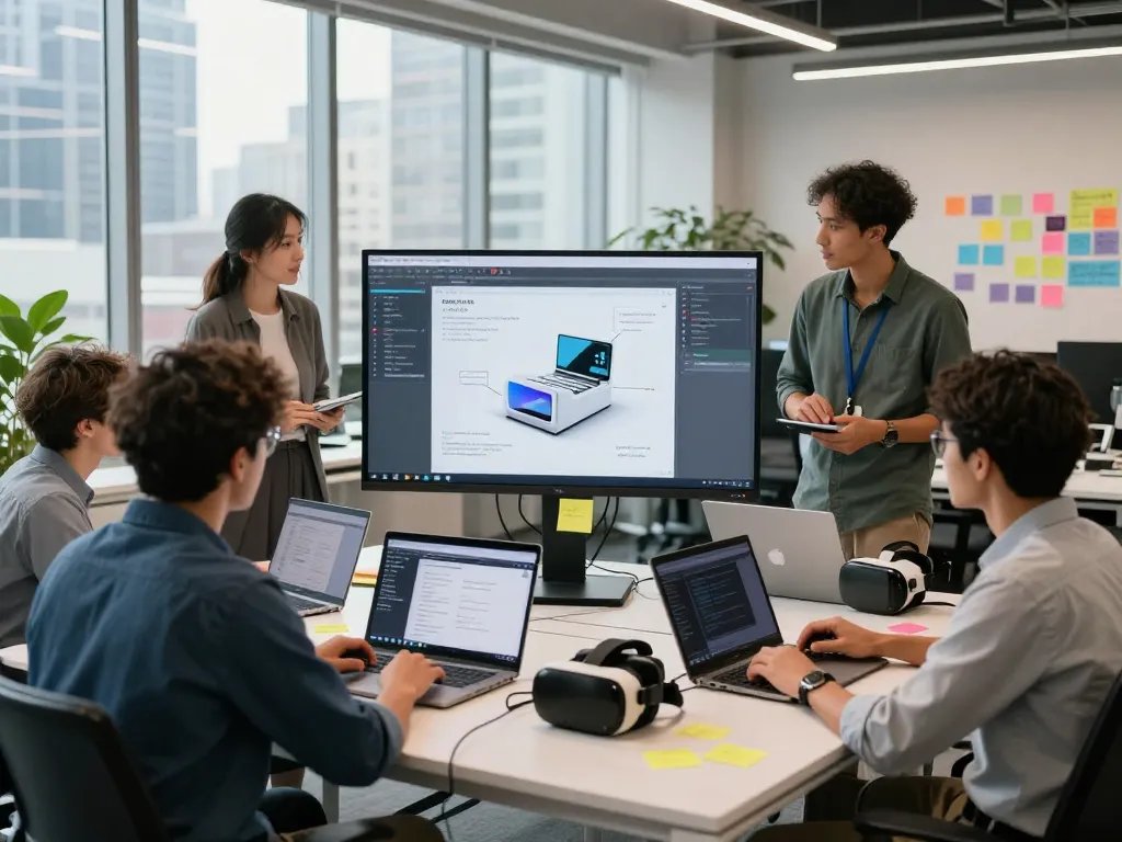 Interactive teamwork on 3D product configurator software in a modern office setting, showcasing collaboration.