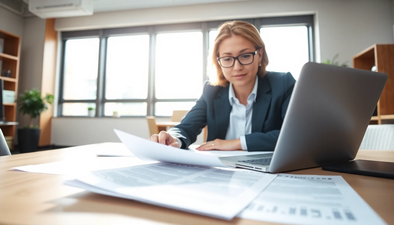 Consultant actively reviewing grants and pre-post award compliance documents in an office setting.