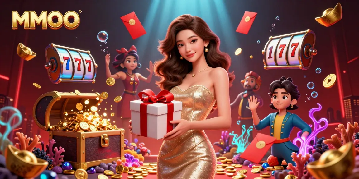 Spin the reels with MMOO as captivating coins and lucky symbols overflow from a festive scene.