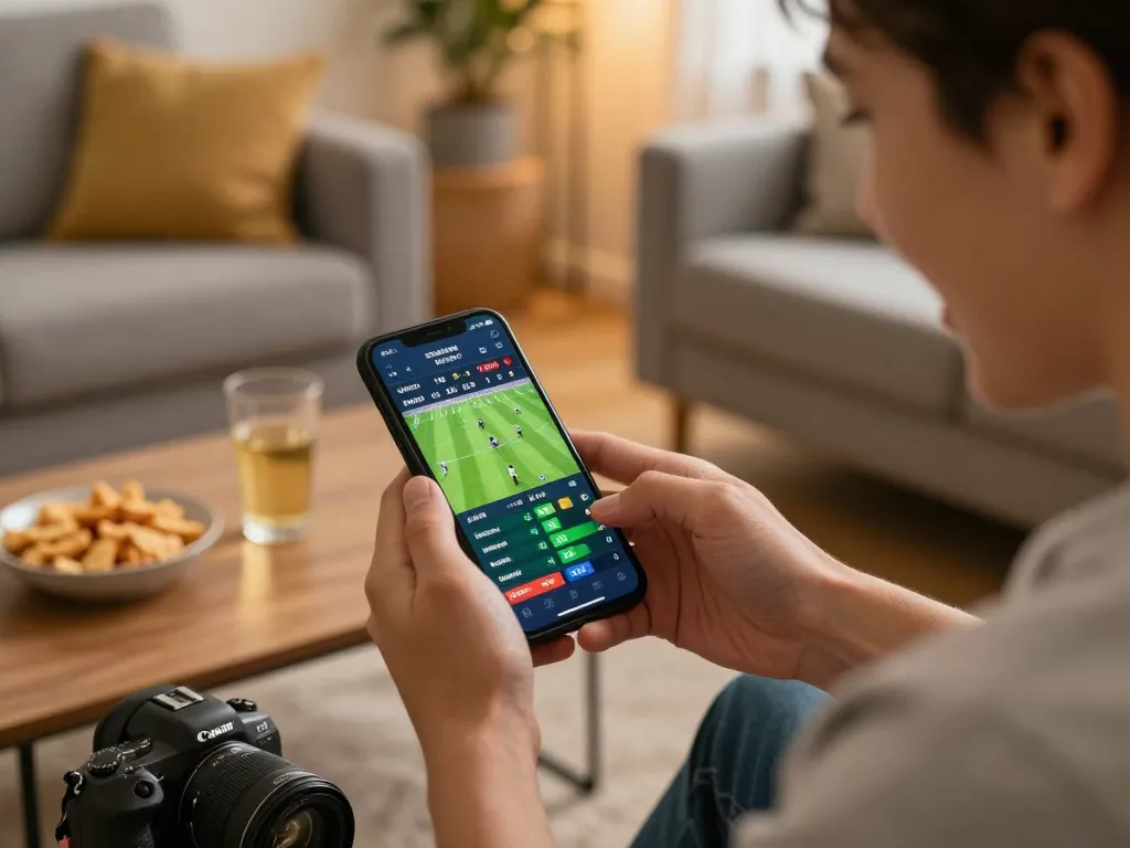 Engaged user betting on sports via smartphone through nhà cái fly88 in a cozy environment.