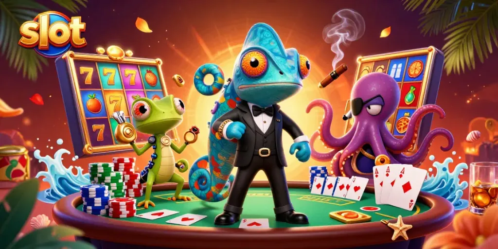 Slot menarik di mesin slot dengan karakter chameleon, gecko, dan gurita berstrategi dalam permainan.