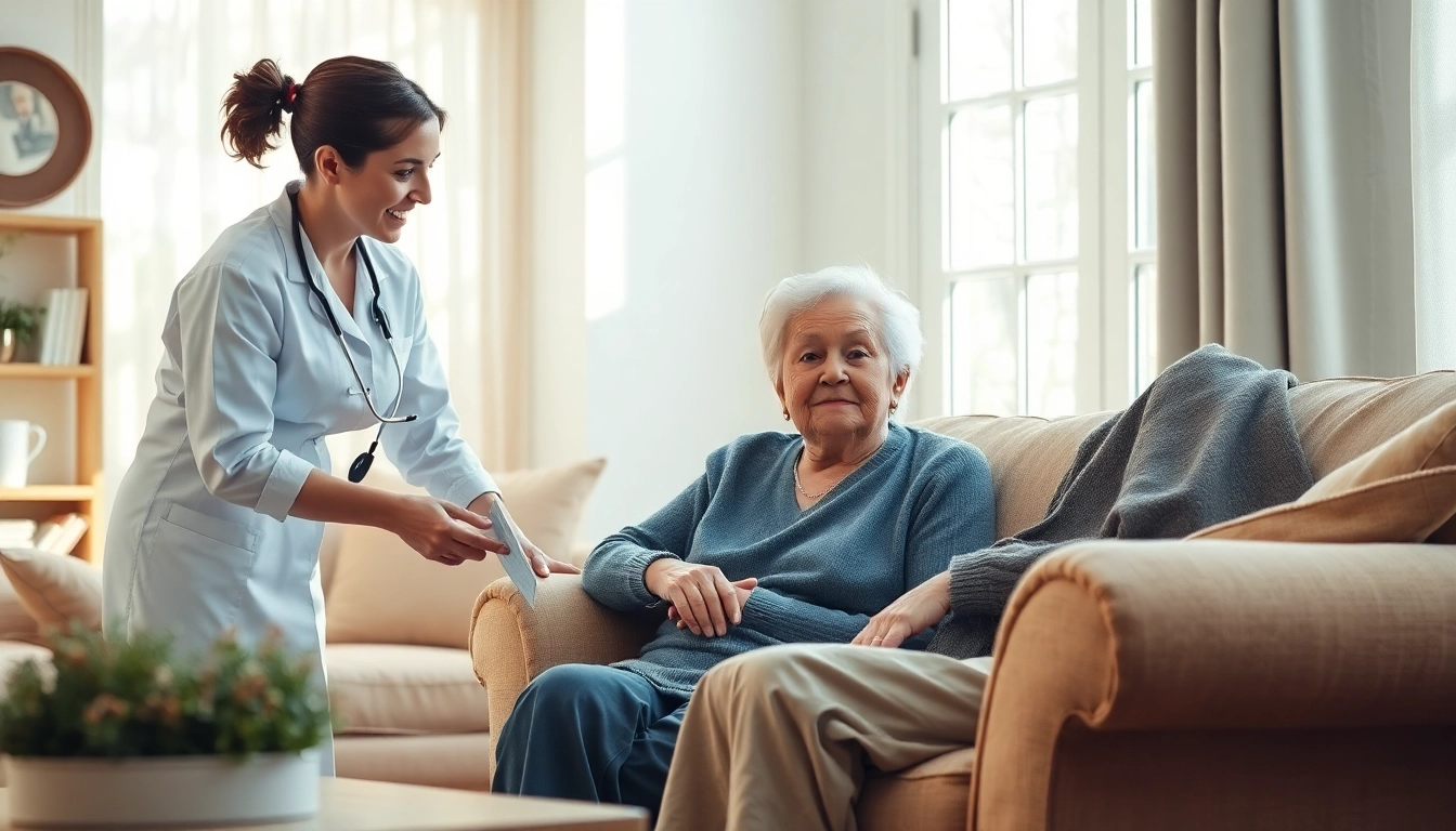 Engaging in home respite care with a professional caregiver supporting an elderly individual in a cozy living room.