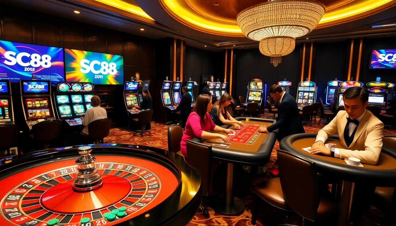 Experience excitement at SC88 with vibrant gambling visuals featuring roulette and poker games.