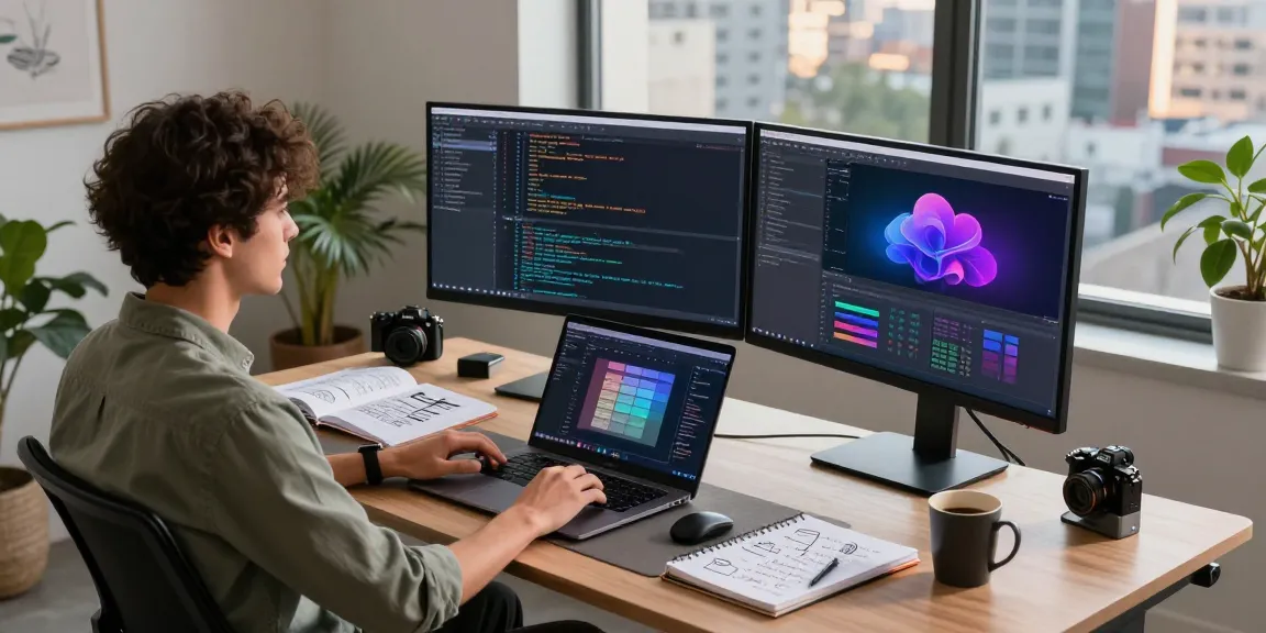 Developer workspace illustrating openclaw ai's productivity tools, with code displays and creative elements.