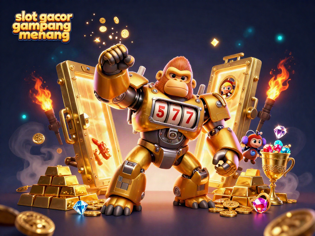 Engage with slot gacor gampang menang featuring a 3D golden gorilla mech amidst treasures and dynamic casino elements.