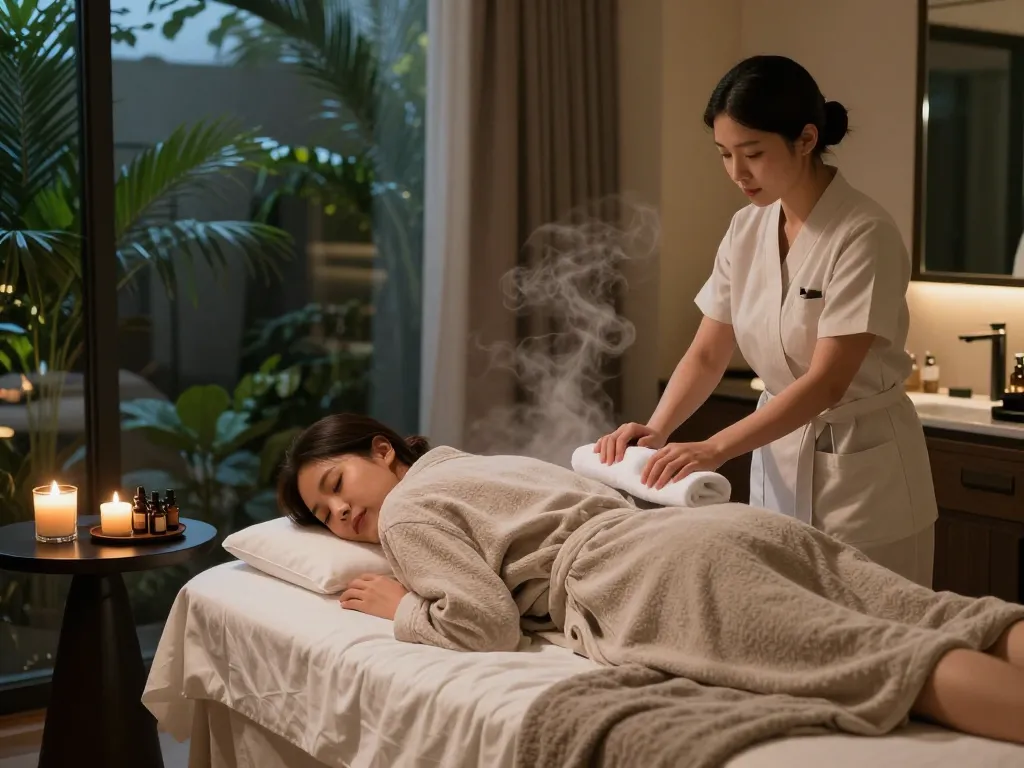 Indulging in 인천 출장마사지 in a serene hotel room environment, showcasing relaxation and tranquility for rejuvenated travel.