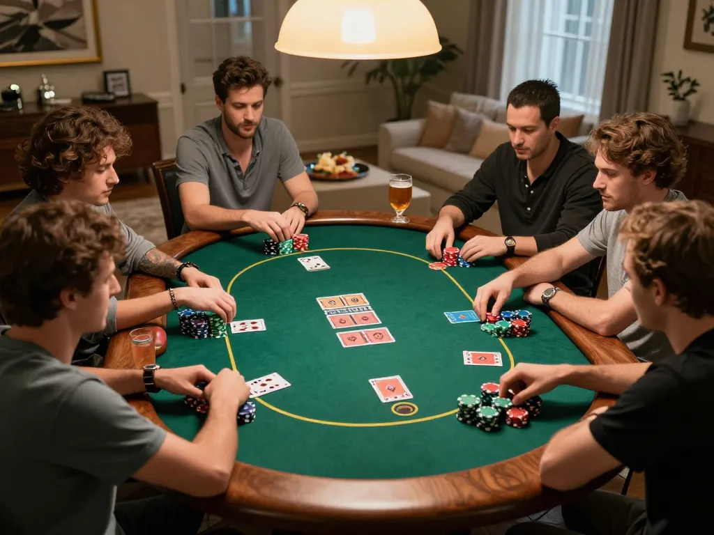 Players enjoying an intense poker game at home, showcasing strategic action with SC88 poker chips.