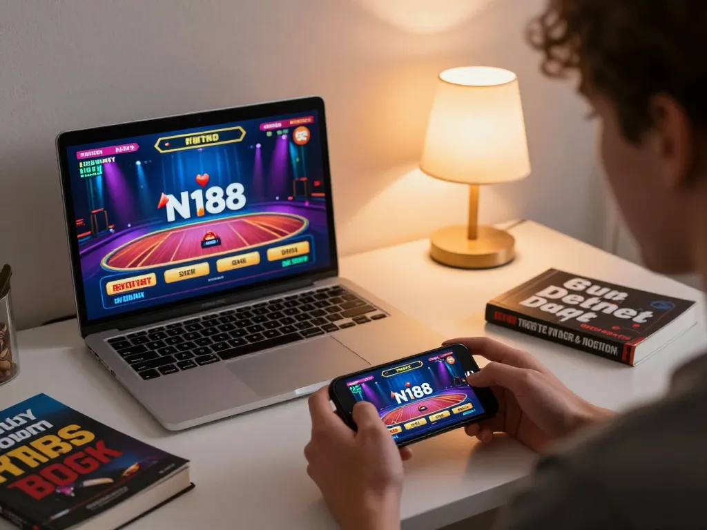 A player enjoying N188 mobile casino games on their smartphone at a cozy gaming setup