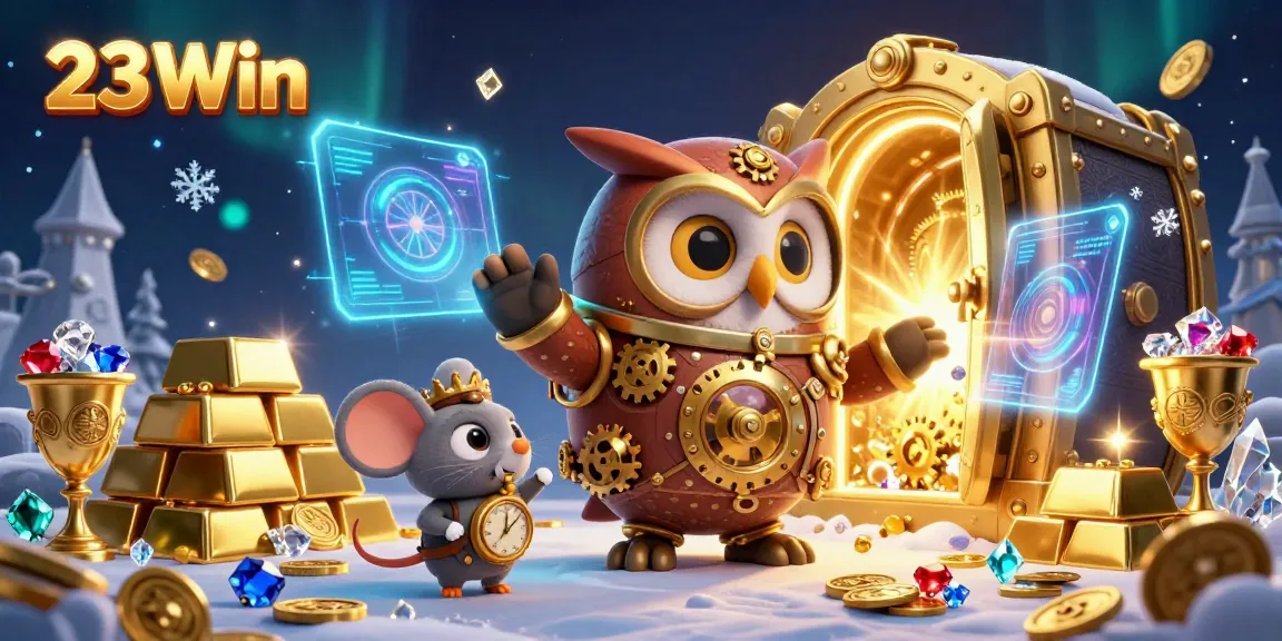 Engage in exciting gaming adventures with 23Win's vibrant 3D illustration showcasing steampunk casino themes and treasures.