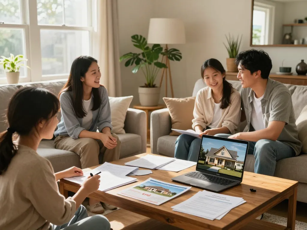 We buy houses for cash: A family discussing their home sale in a welcoming living room with warm lighting.
