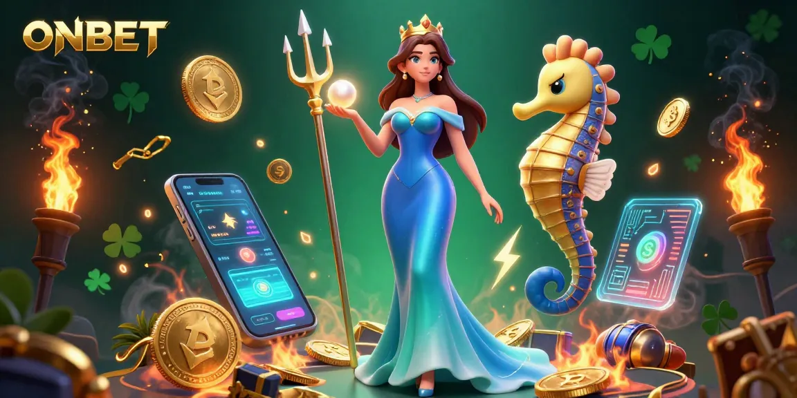 Join the excitement at ONBET with vibrant underwater characters and crypto elements in a lively casino scene.