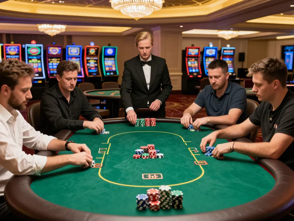 Players at an 8LIVE poker table strategizing during a high-stakes game in a luxurious casino.