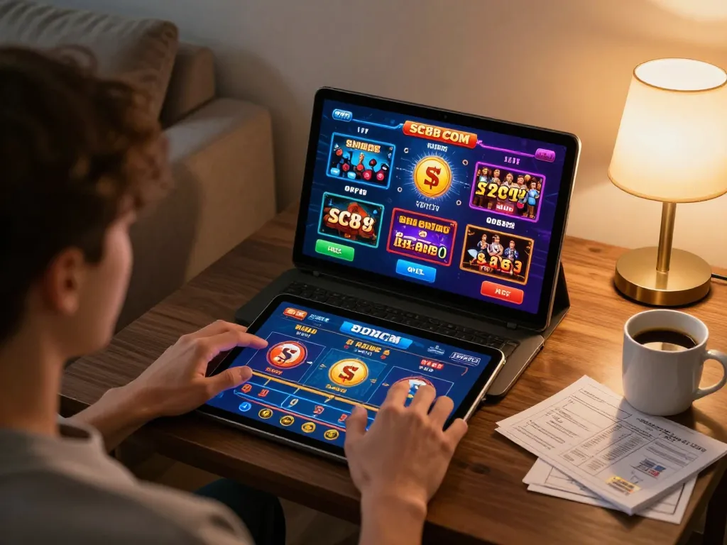 Engaging in online casino games on SC88 COM in a cozy home environment.