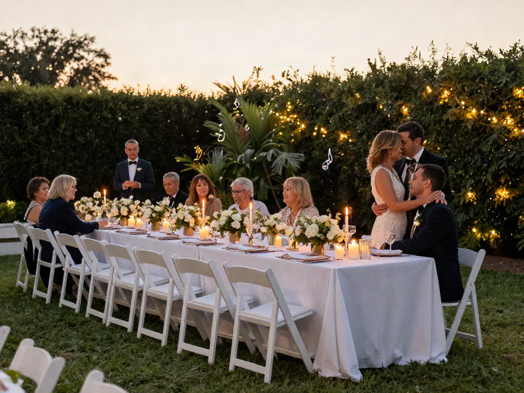 Event furniture rental set up for an elegant outdoor wedding with glowing candles and floral decor.