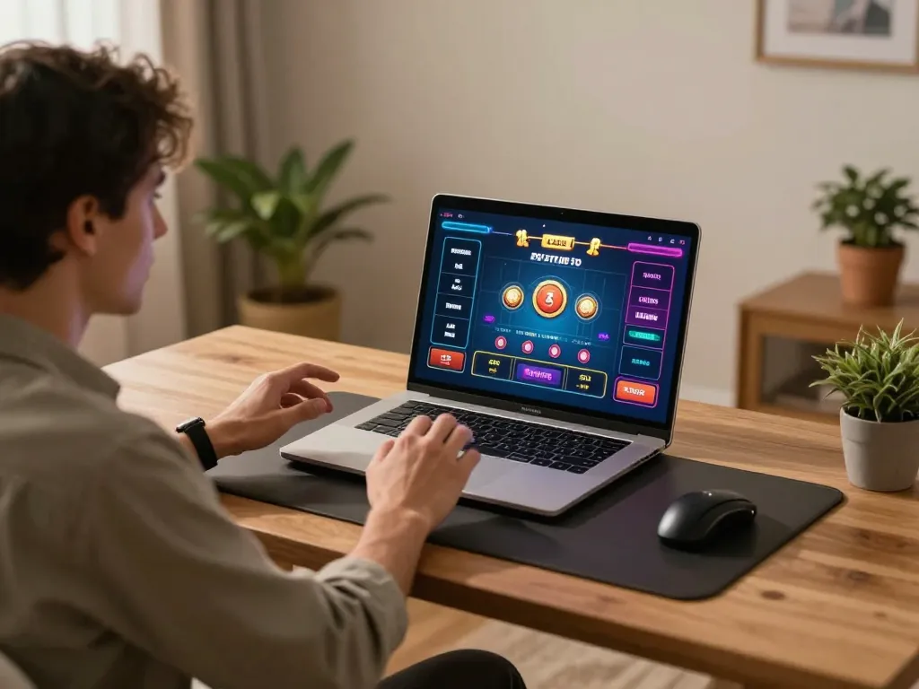 Jun88 player strategizing while engaging in online casino gaming, showcasing an interactive interface and comfortable home environment.