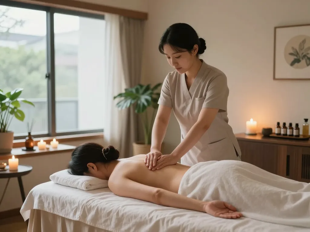 A soothing Yeoksam-dong massage scene showcasing a Swedish massage session with a therapist and relaxing ambiance.