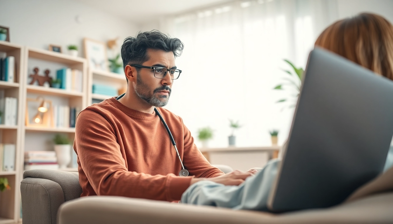 Engaging online urgent care doctor visit where a patient connects with a doctor from home.