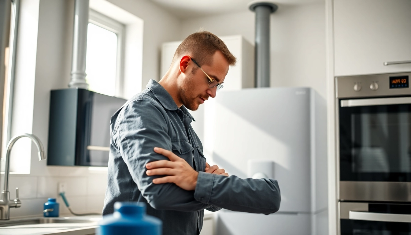 Gas engineer bristol servicing a high-efficiency boiler in a modern kitchen environment.