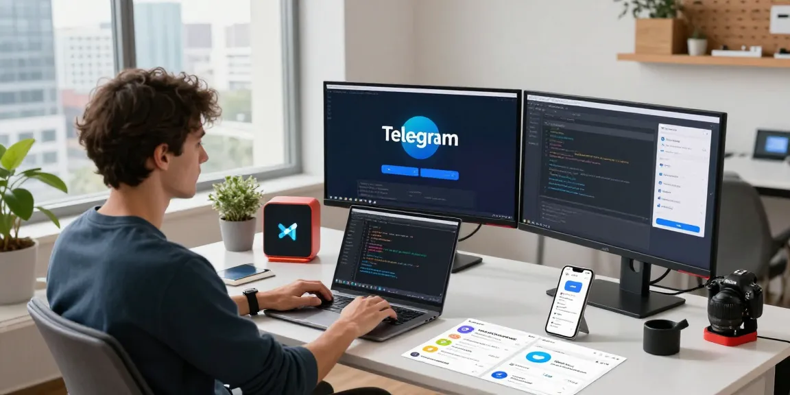 Configuring telegram中文 settings on multiple monitors in a vibrant tech workspace.