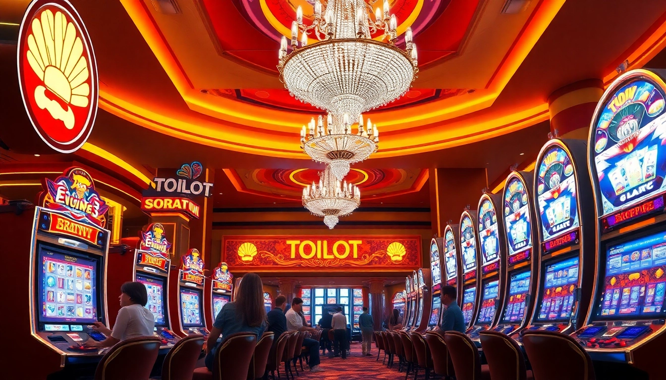 Menikmati permainan toto slot di kasino yang mewah dengan atmosfer yang penuh energi.