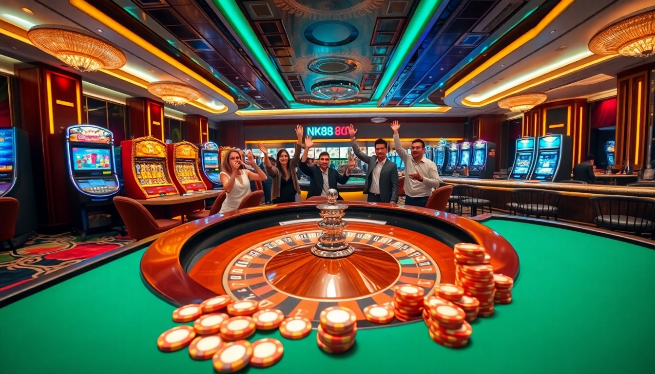 NK88 bet players engage with high-stakes casino games, creating an exciting atmosphere with roulette and slots.