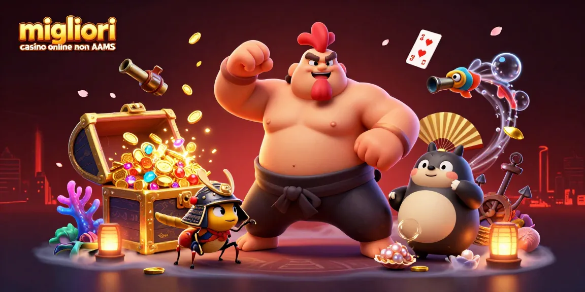 Scopri i migliori casino online non AAMS con un sumo, un grillo e un tanuki in un'illustrazione vivace.