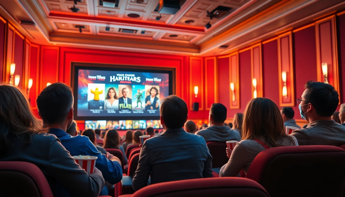 Engaged audience watching หนังออนไลน์ in a lively digital movie theater setting.