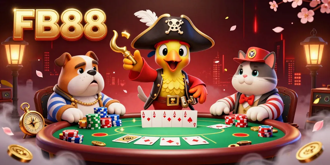 Engage with FB88's thrilling casino experience featuring a pirate captain and vivid gambling elements.