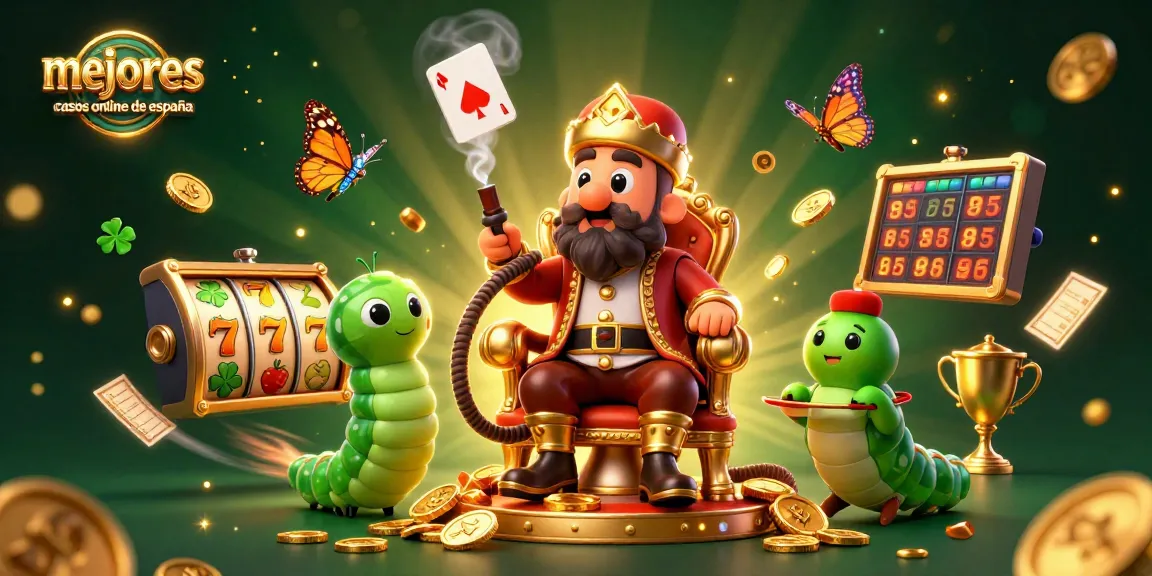 Ilustración de los mejores casinos online de España con un maestro hookah, símbolos de juego y monedas doradas.