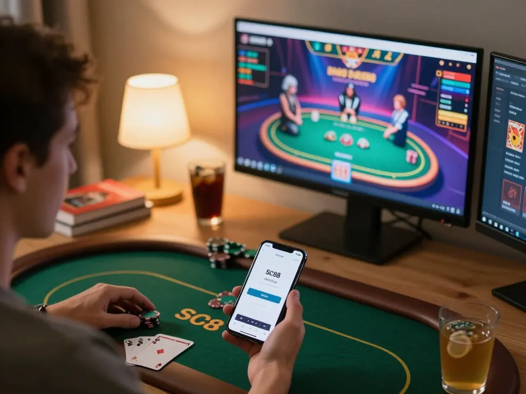 Player engaging in online poker game with sc88 đăng nhập on screen, cozy home setting highlighting strategic gameplay.