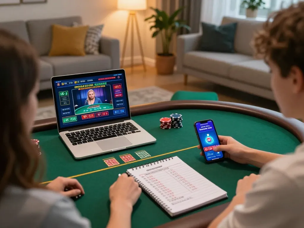 w188 player strategizing bets on a laptop at home during online poker session