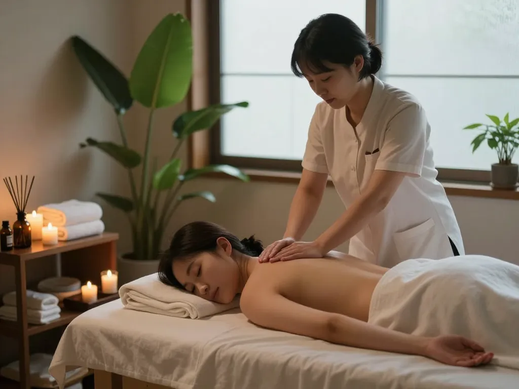 Relaxing 논현동마사지 therapy scene showcasing a peaceful spa ambiance with a therapist in action.
