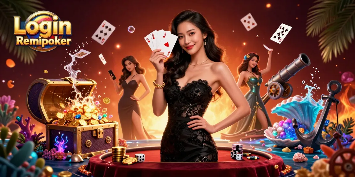 Experience thrilling gameplay with Login Remipoker as a graceful Asian woman showcases poker cards in a vibrant digital casino.