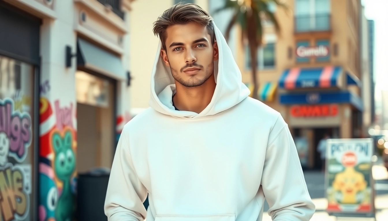 Showcasing high quality blank hoodies worn stylishly in an urban setting.