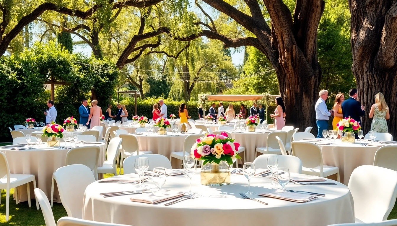 Stunning outdoor Event Rentals setup with elegant tables and centerpieces, amidst greenery and fairy lights.
