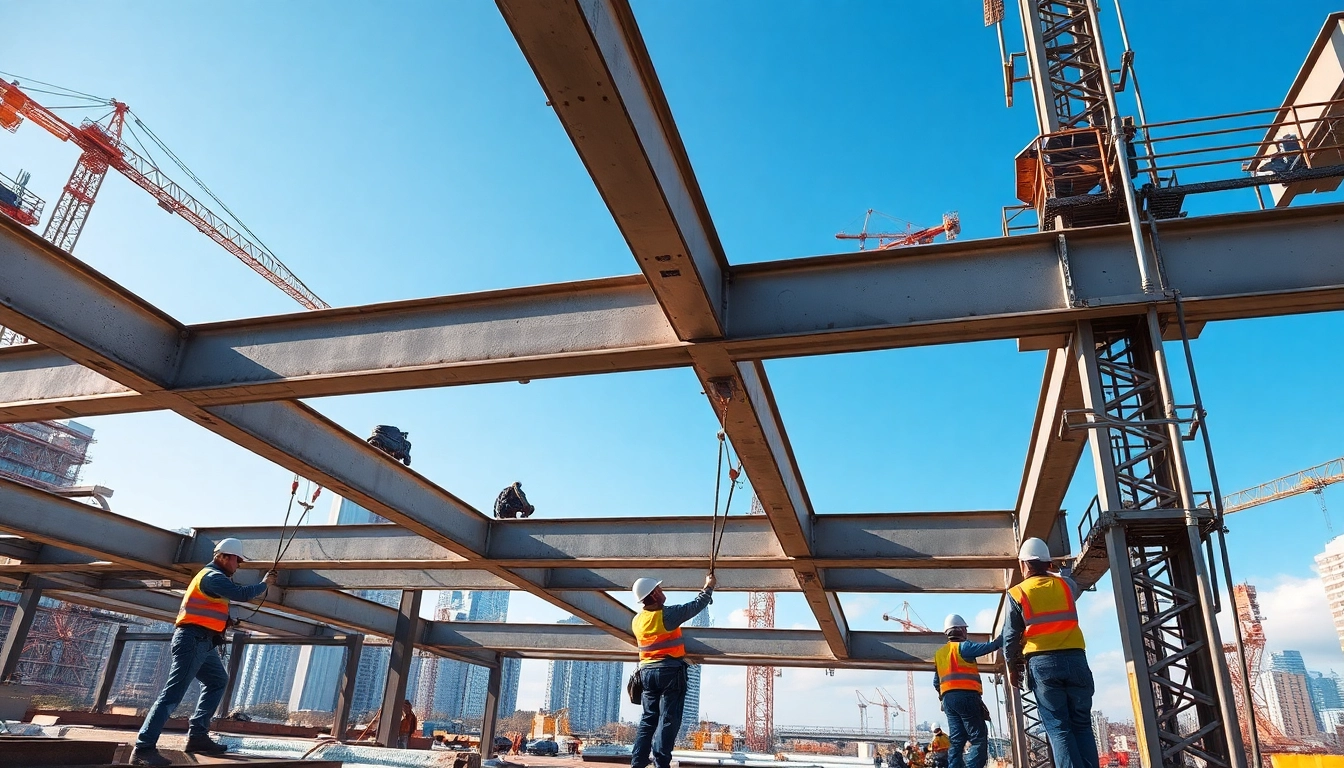 Structural steel installation in action with workers and city skyline backdrop.