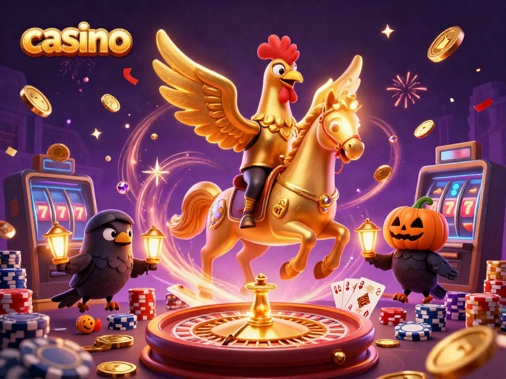 Cascade golden coins and glowing gems in a lively casino scene featuring a unique golden rooster.