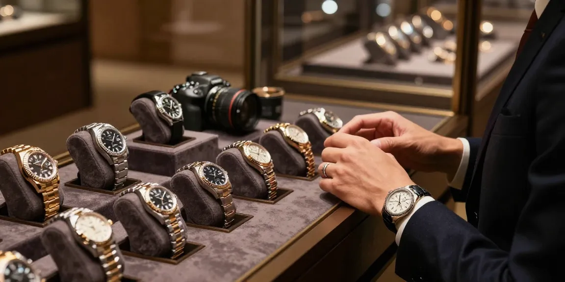 A sophisticated individual examines a luxury replica watch in a plush display, showcasing timeless craftsmanship and elegance.