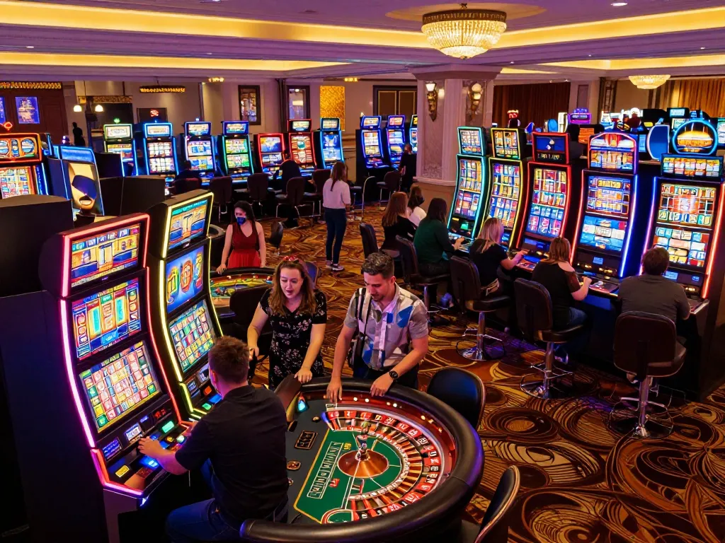 Engaging gameplay on vibrant slot gacor hari ini machine with flashing lights and excited players in a lively casino atmosphere.