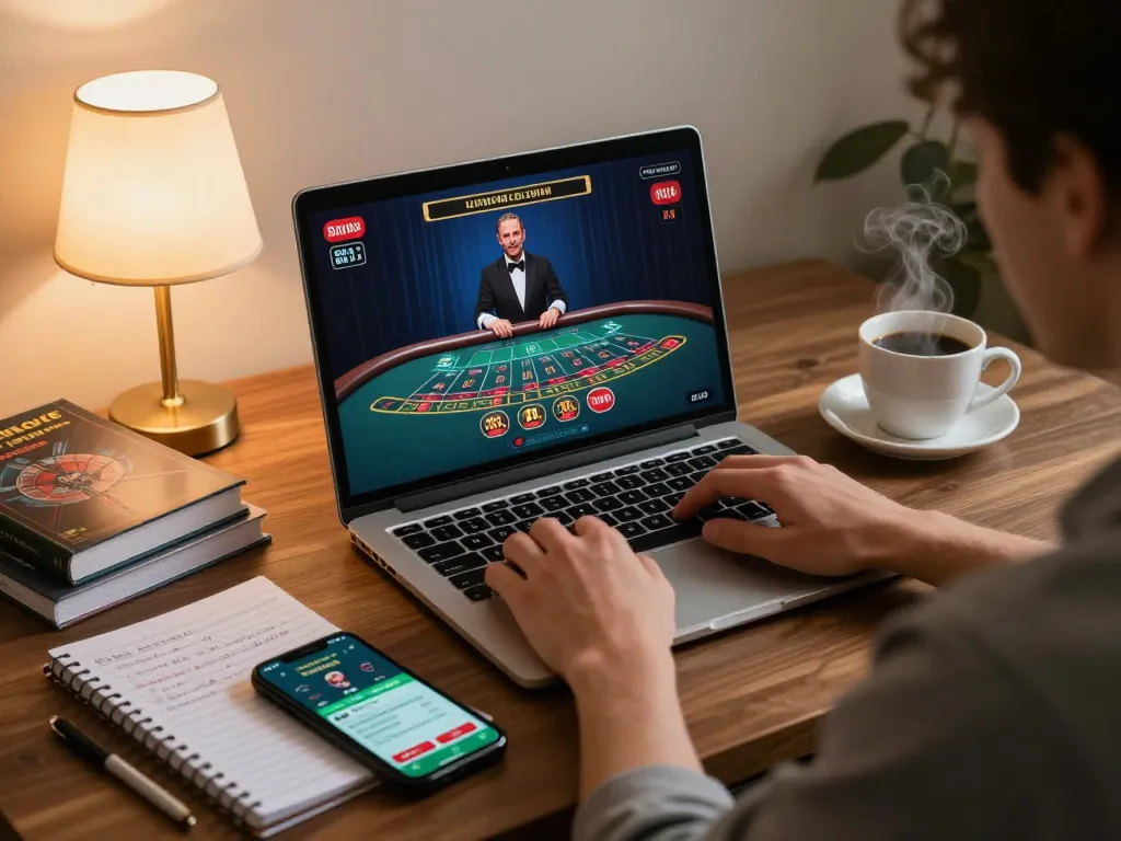 Engaging online gameplay at Nhà cái SAY88 with a cozy home office setup, featuring live dealer blackjack.