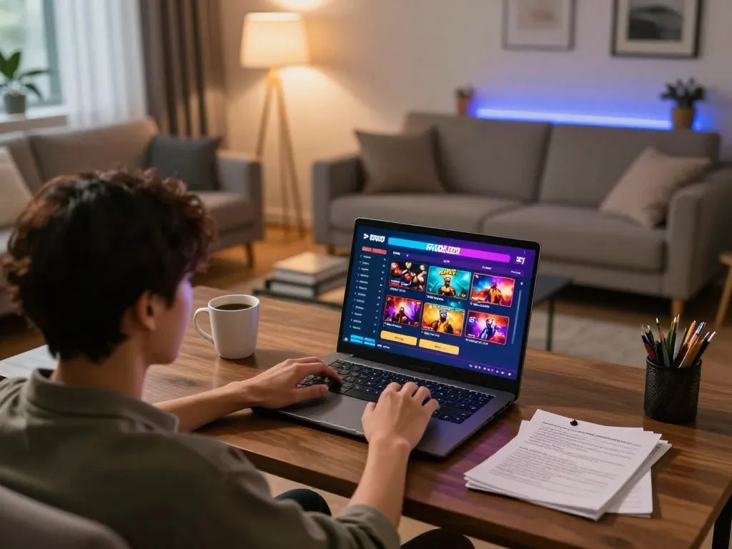 Person enjoying online gaming at home using open88 com, showcasing vibrant casino game interface and strategic notes.