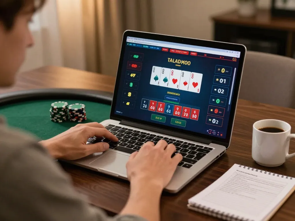 Engaged player on N188 com laptop enjoying online poker excitement in cozy home