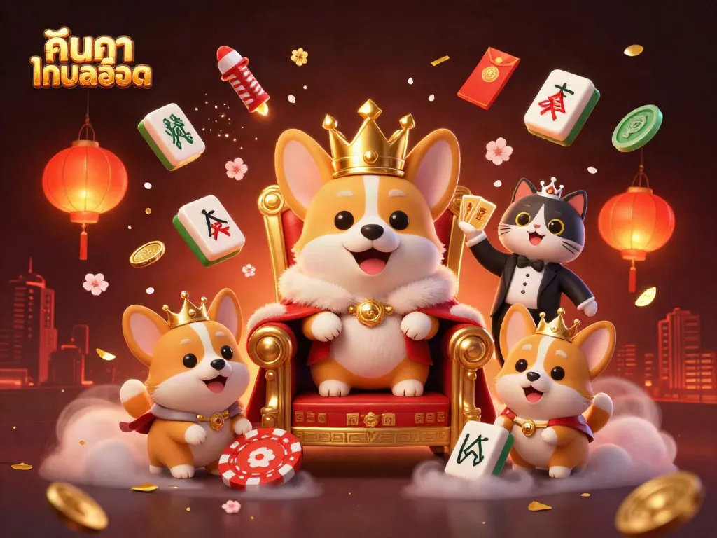 Engage in immersive gaming as youค้นหาเกมสล็อต, surrounded by vibrant visuals of a royal corgi and festive decorations.