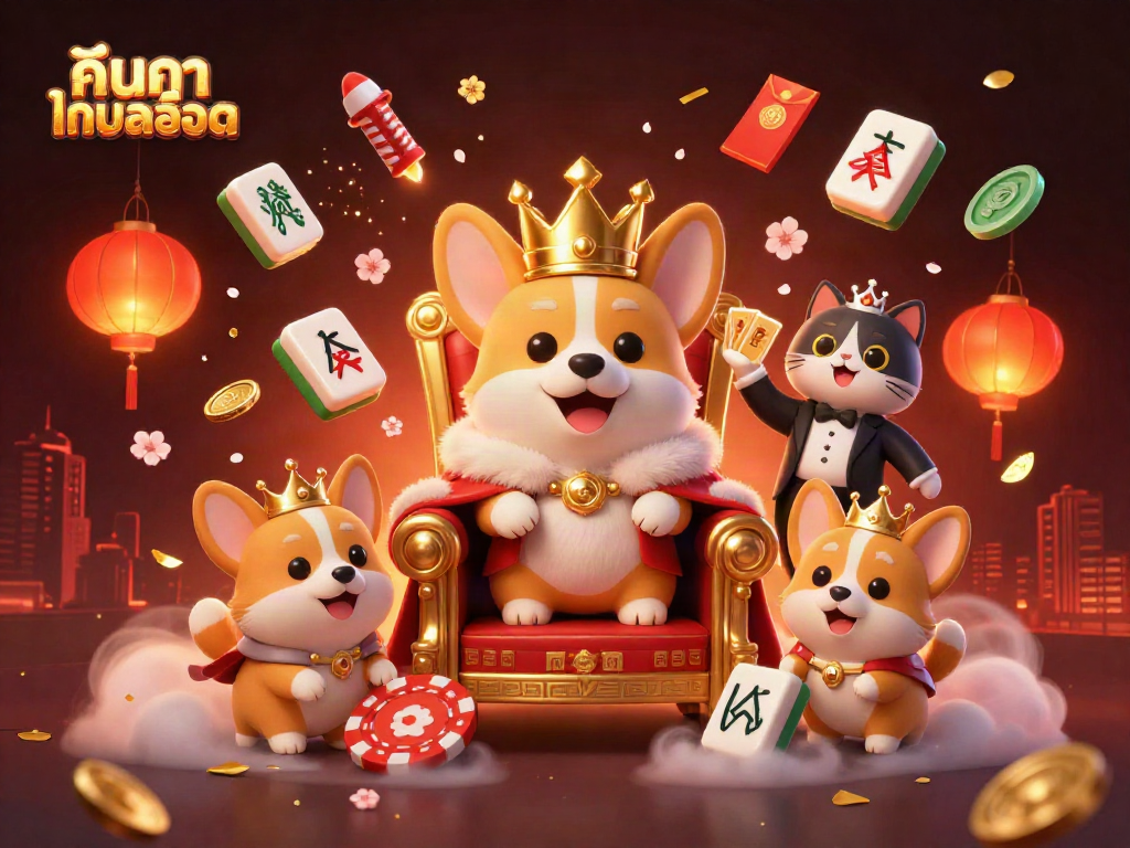 Engage in immersive gaming as youค้นหาเกมสล็อต, surrounded by vibrant visuals of a royal corgi and festive decorations.